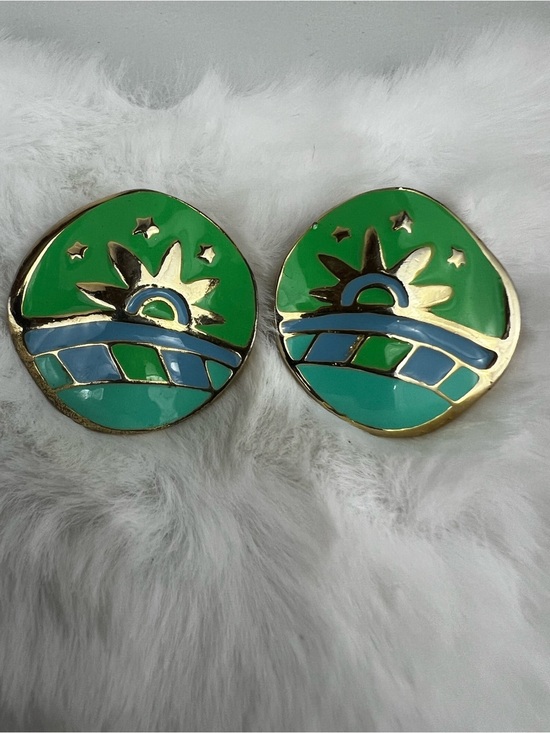 Vintage Jewelry - VTG 80s Green Blue Enamel Geometric Sun Landscape Post Earrings